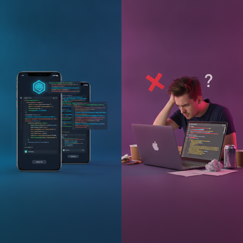 A split-screen showing an AI chatbot generating app code on one side, and a stressed developer debugging a login bug on the other