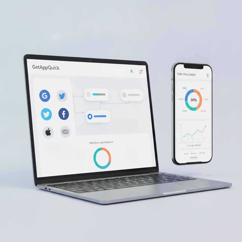 GetAppQuick’s interface showing drag-and-drop auth provider setup and real-time login analytics