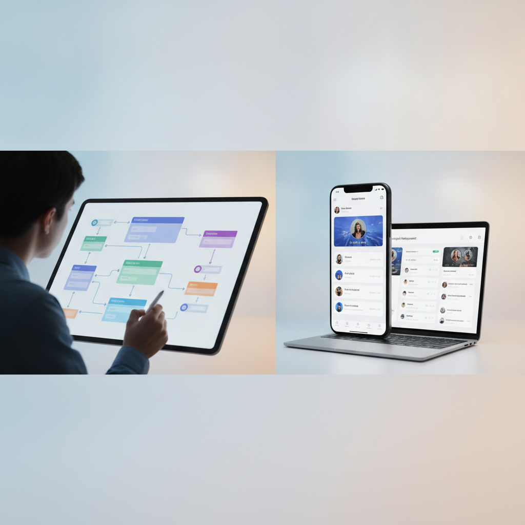 A split-screen showing a user mapping out app screens and data flow in GetAppQuick's intuitive builder interface.