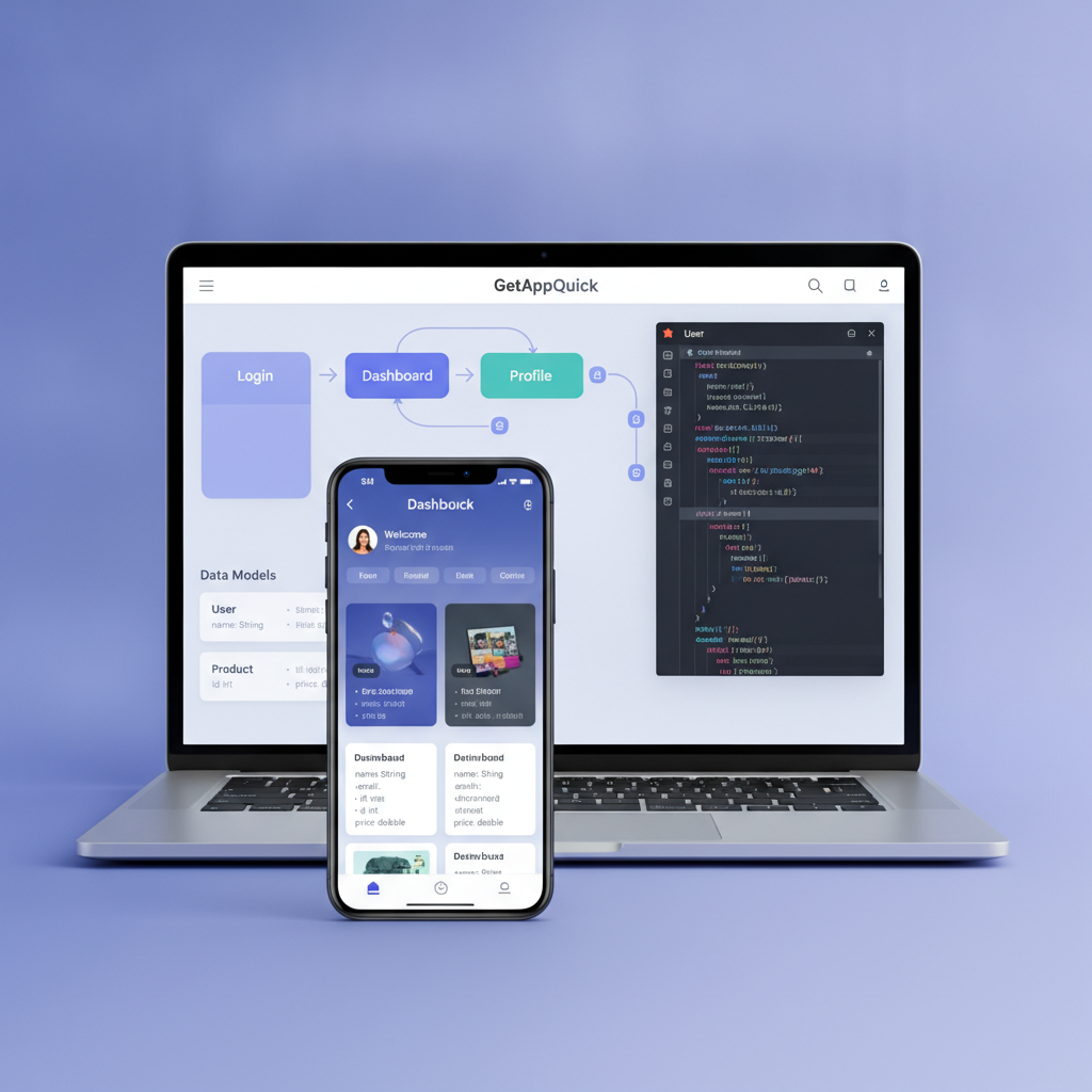 The GetAppQuick interface showing a visual workflow: screens connected, data models defined, and preview of generated Dart/Flutter code on the side.