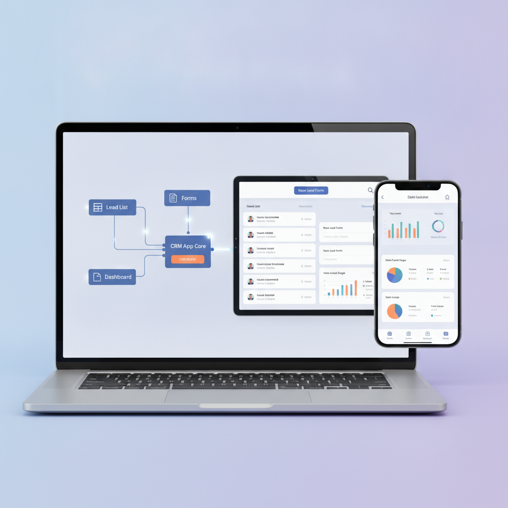 A GetAppQuick builder interface showing a CRM app being assembled with visual blocks and live preview of a lead list, forms, and dashboard.