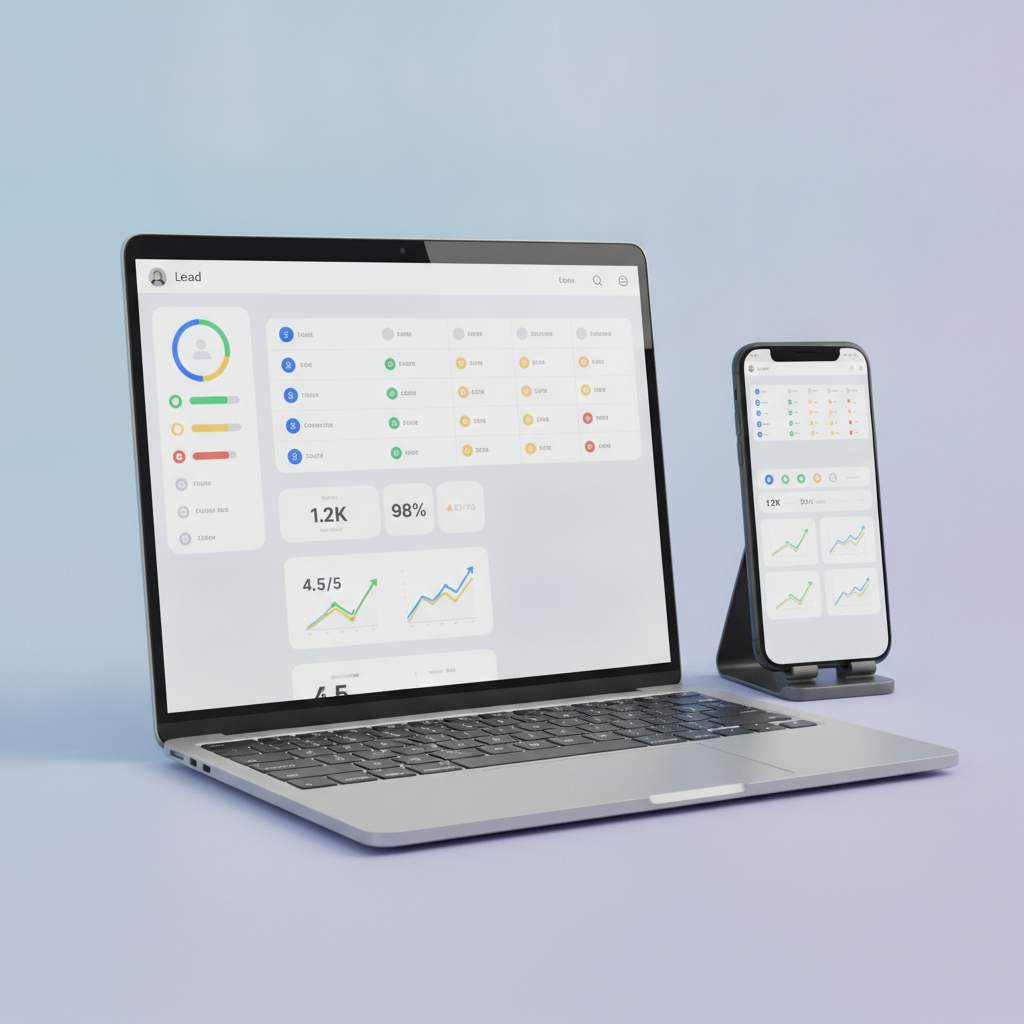 A clean, mobile-adaptive web CRM UI showing a lead list, status filter, and dashboard cards with stats, ready for demo.