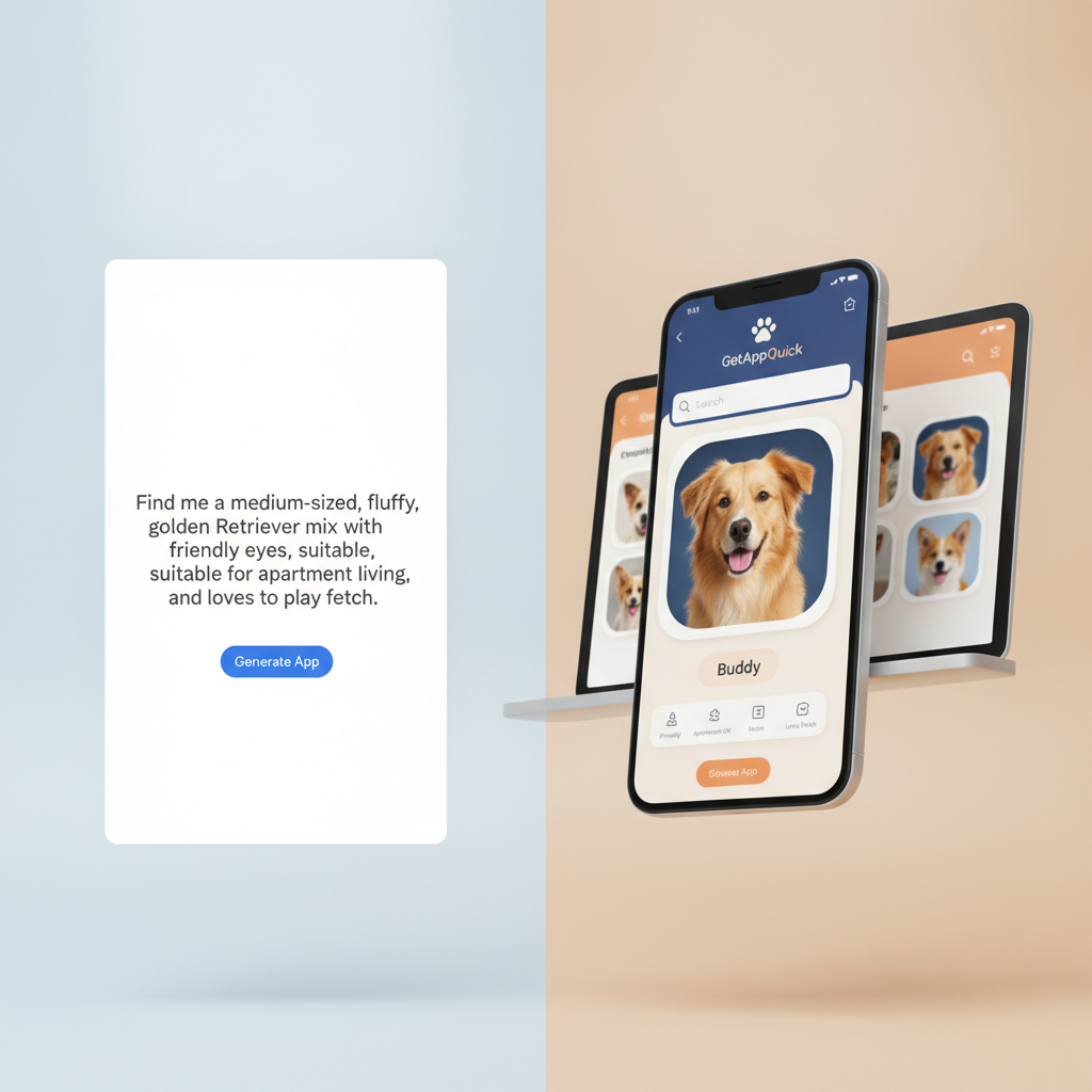 A dual-pane interface showing a plain English prompt on the left and a live dog-matching app preview on the right, as built with GetAppQuick.