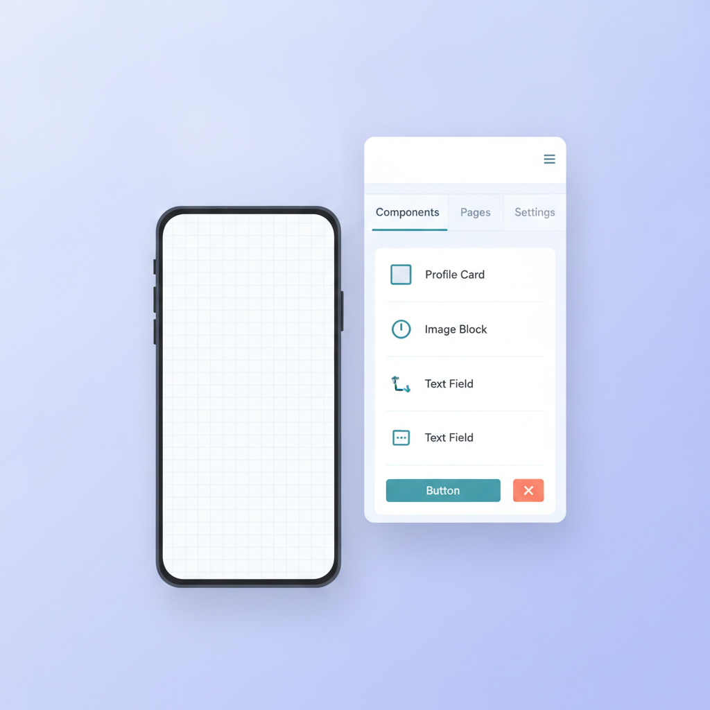 A step-by-step visual showing GetAppQuick’s builder interface, featuring a drag-and-drop editor with dog profile cards and settings for app branding.