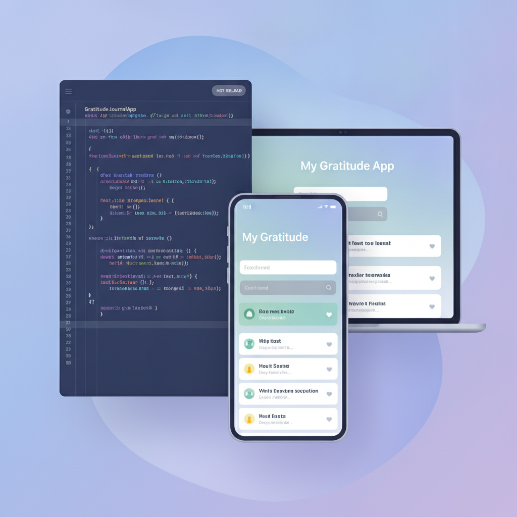 A Flutter developer interface displaying a live preview of a simple gratitude journal app, with form input and a list of entries.