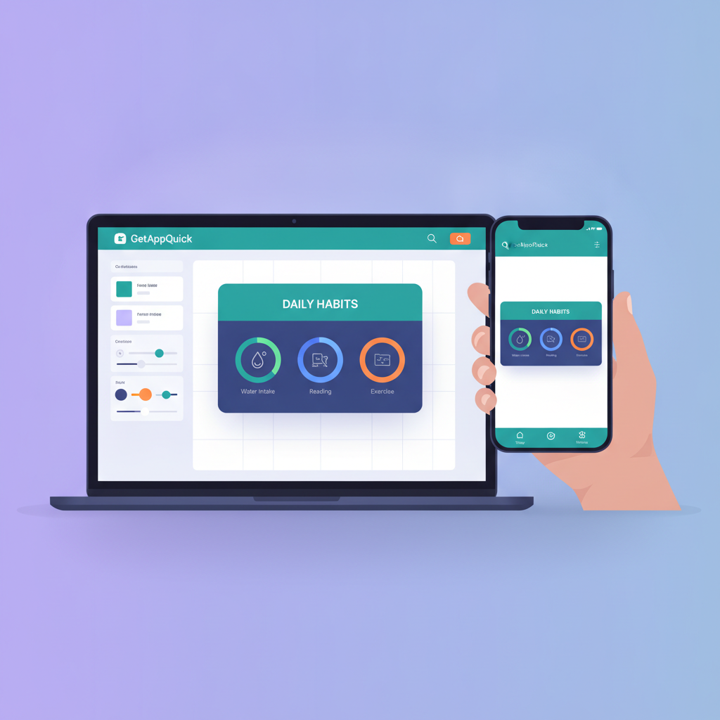 A vibrant GetAppQuick builder interface, showing an AI-generated habit tracker app being previewed and customized on web and mobile screens.