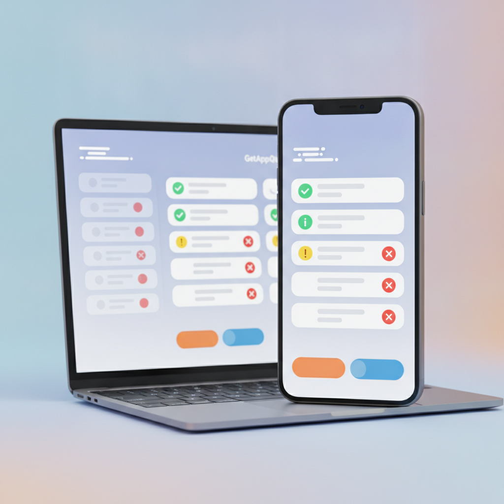 A visual checklist screen in GetAppQuick, with red/yellow/green indicators for missing app store requirements.