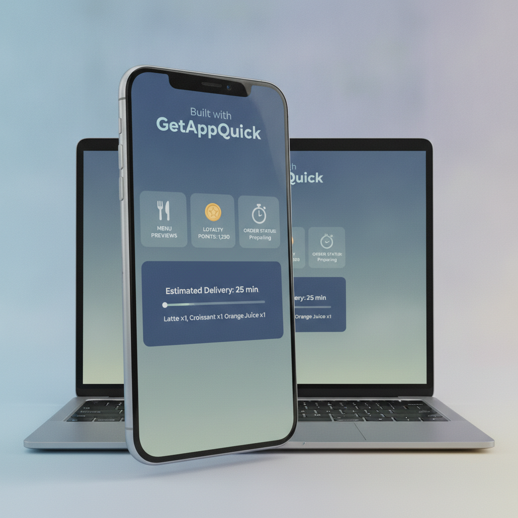 App dashboard screen showing menu previews, loyalty points, and order status, labeled “Built with GetAppQuick”.