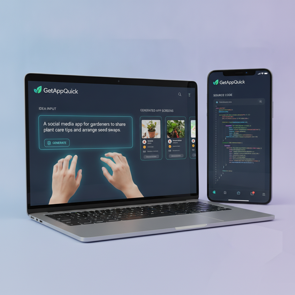 A GetAppQuick interface with a user entering their idea, instantly generating real app screens and source code.