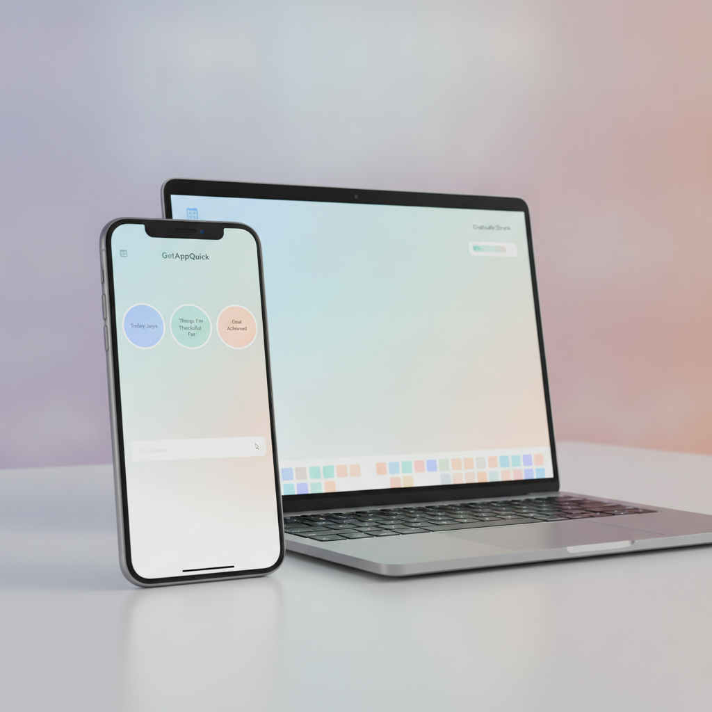 A phone screen showing a clean, minimal gratitude journaling app built and customized via GetAppQuick.