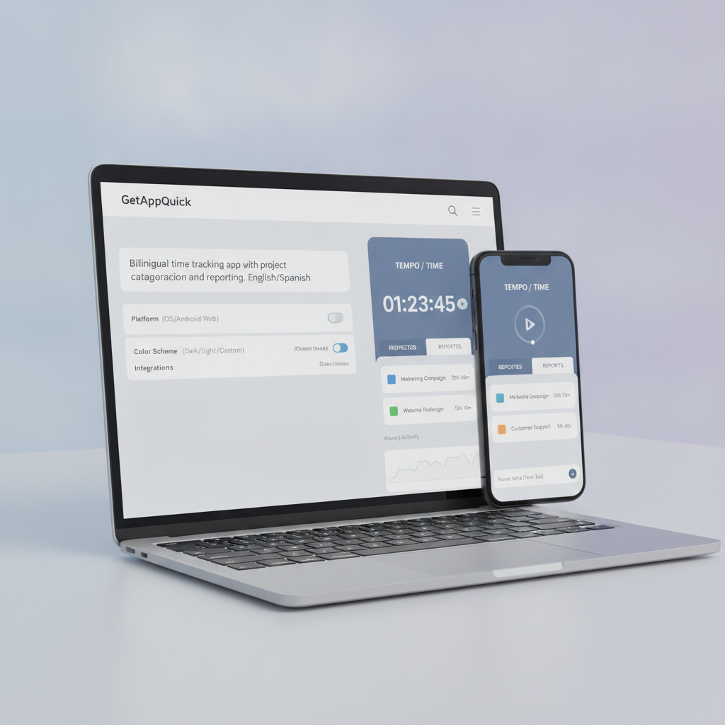 A GetAppQuick interface where a user types an app brief and sees a live preview of a bilingual time tracking app.