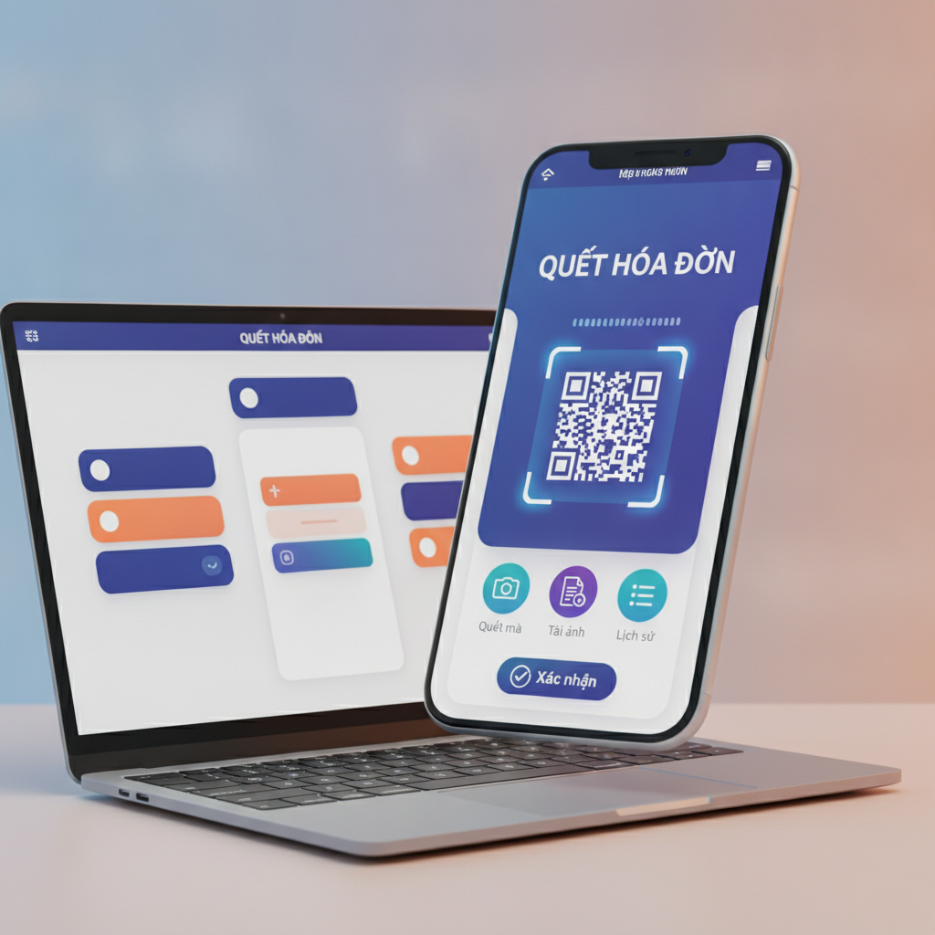 A mobile app showing a QR code invoice scanning screen with Vietnamese UI elements, built using a no-code app builder.