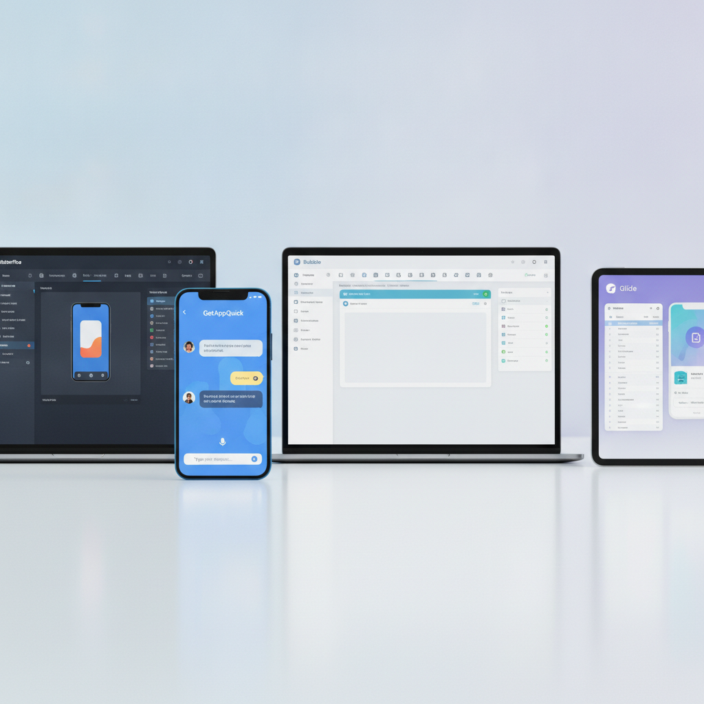 Side-by-side visual of FlutterFlow, Bubble, and Glide builder interfaces, with an AI chat window for GetAppQuick in the middle