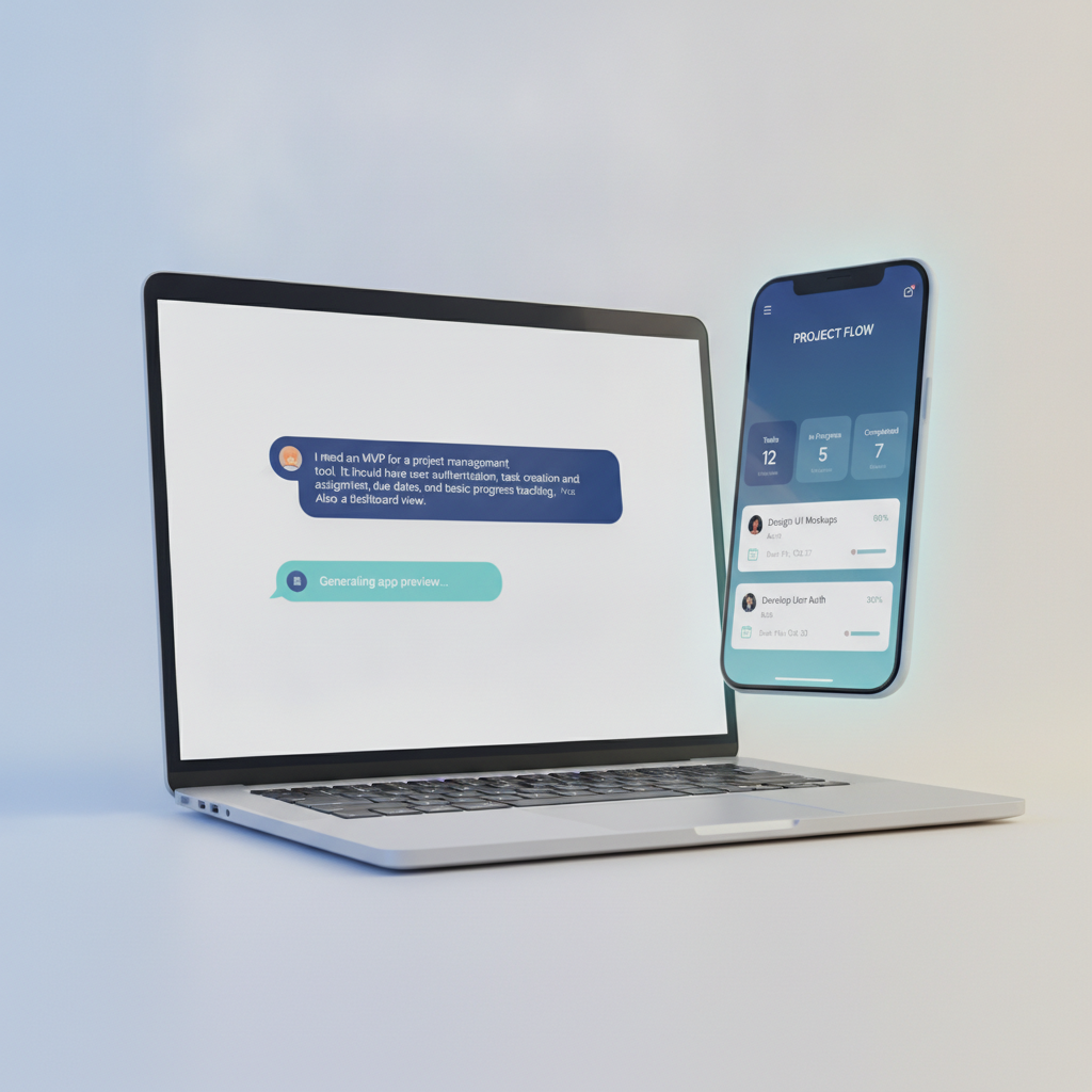GetAppQuick chat interface showing a user describing their MVP, with the generated app preview appearing next to the chat