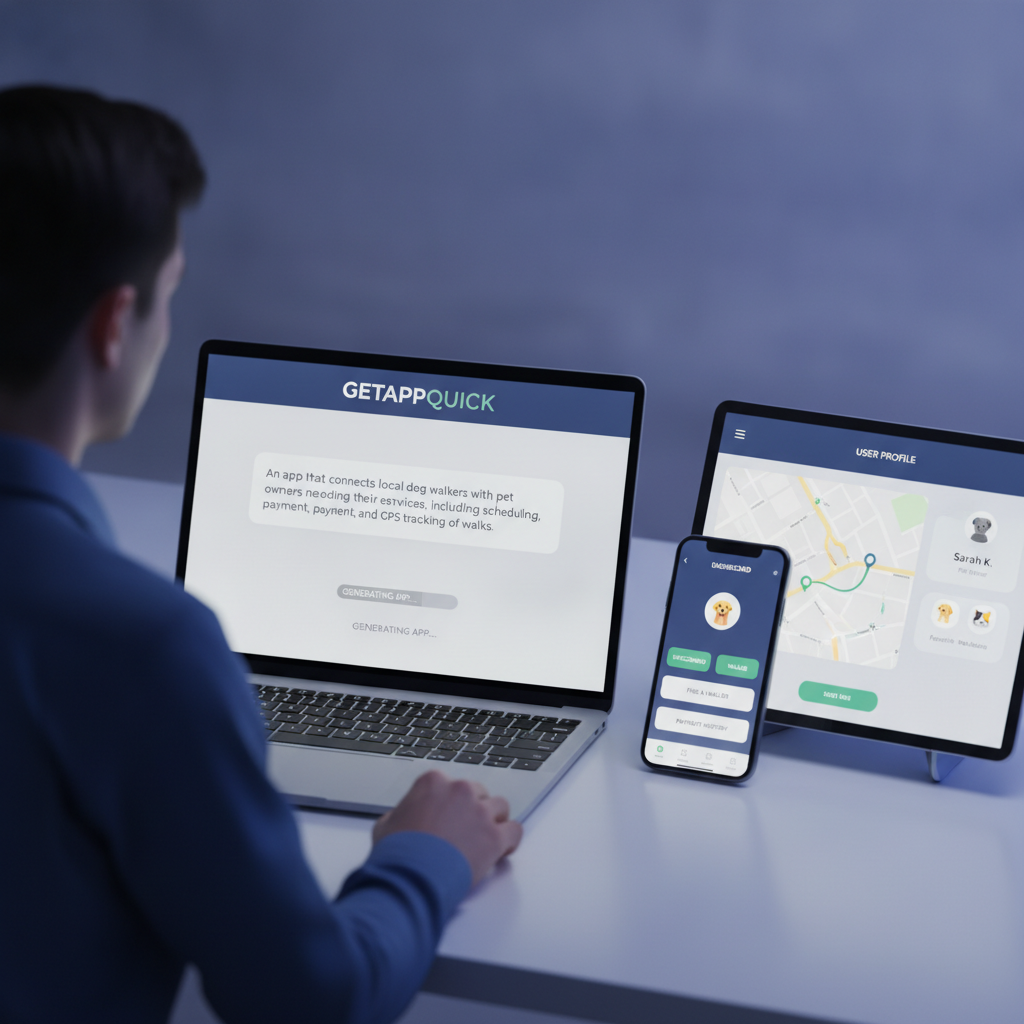 A user pasting a plain-English app idea into GetAppQuick and watching it generate a live preview of their app dashboard and user profile screens.