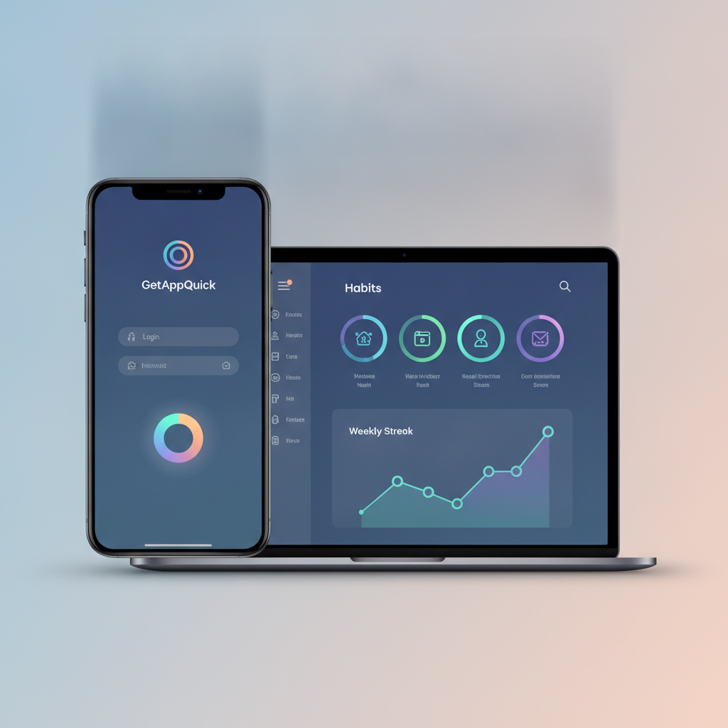 An auto-generated habit tracker app UI with login, dashboard, and weekly streak chart, built using GetAppQuick's visual editor.