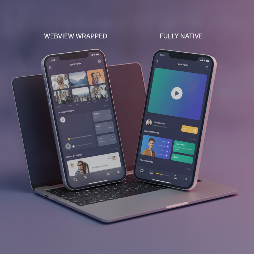 A side-by-side comparison of a webview-wrapped app and a fully native app UI, highlighting performance and feature differences.