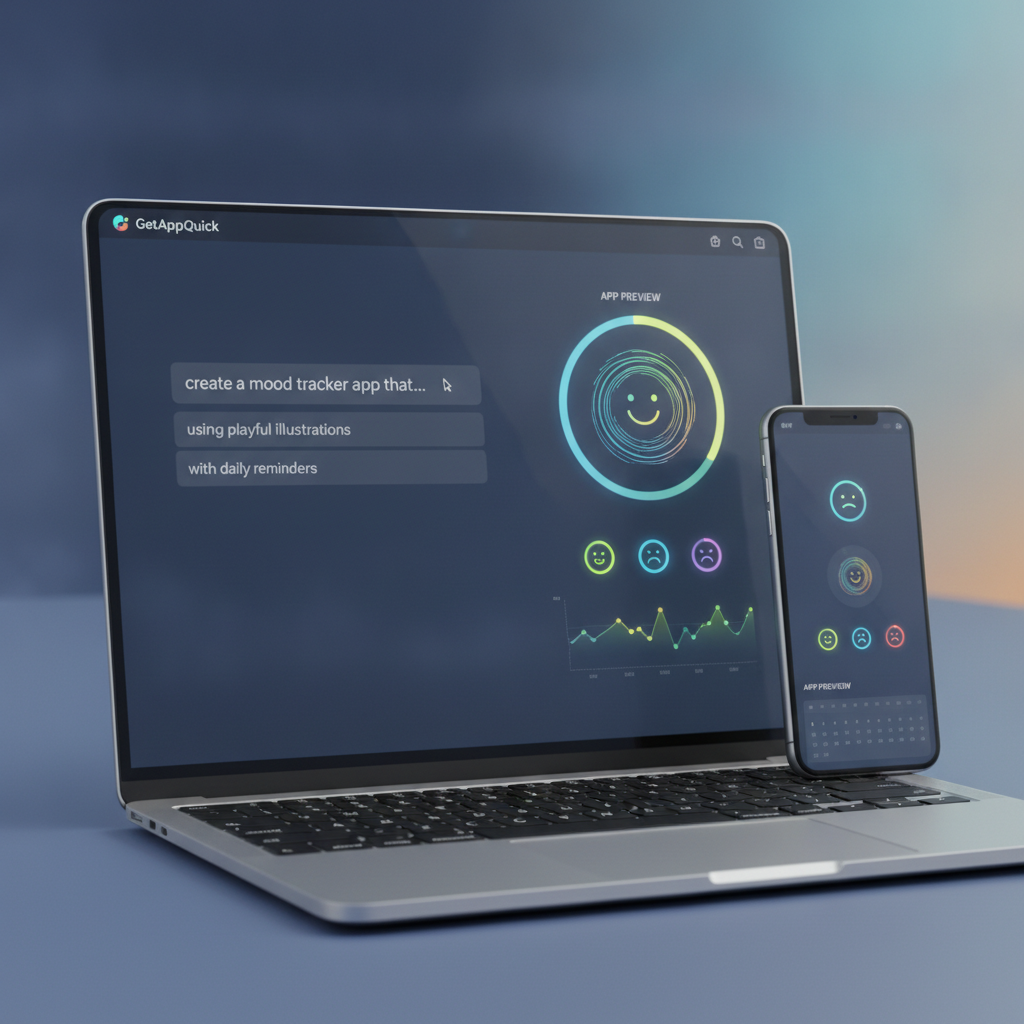 A GetAppQuick interface showing a user typing a natural language prompt, with a preview of a mood tracker app updating in real-time.