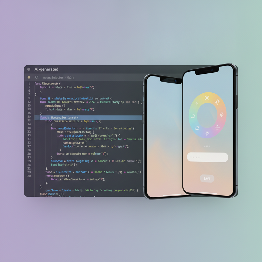 A split-screen view showing the AI-generated code on one side and the live app preview on the other, with a focus on the mood selection and notes logic.