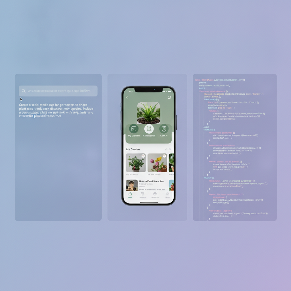 A screenshot of an AI app builder interface showing a user typing a detailed prompt and the AI generating corresponding UI mockups and code snippets in real-time.