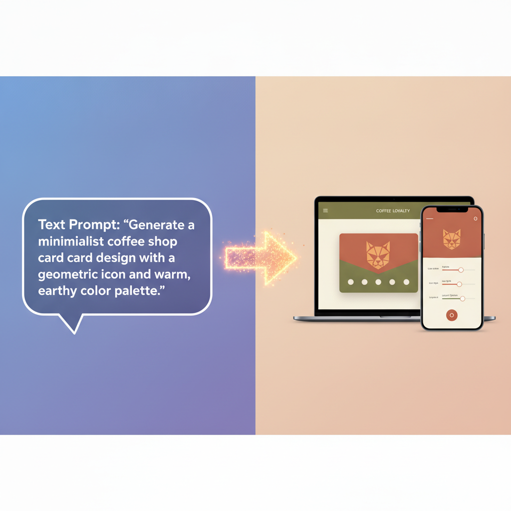 A simplified visual showing a text prompt on one side and a functional app interface on the other, with an arrow indicating the AI's conversion process.
