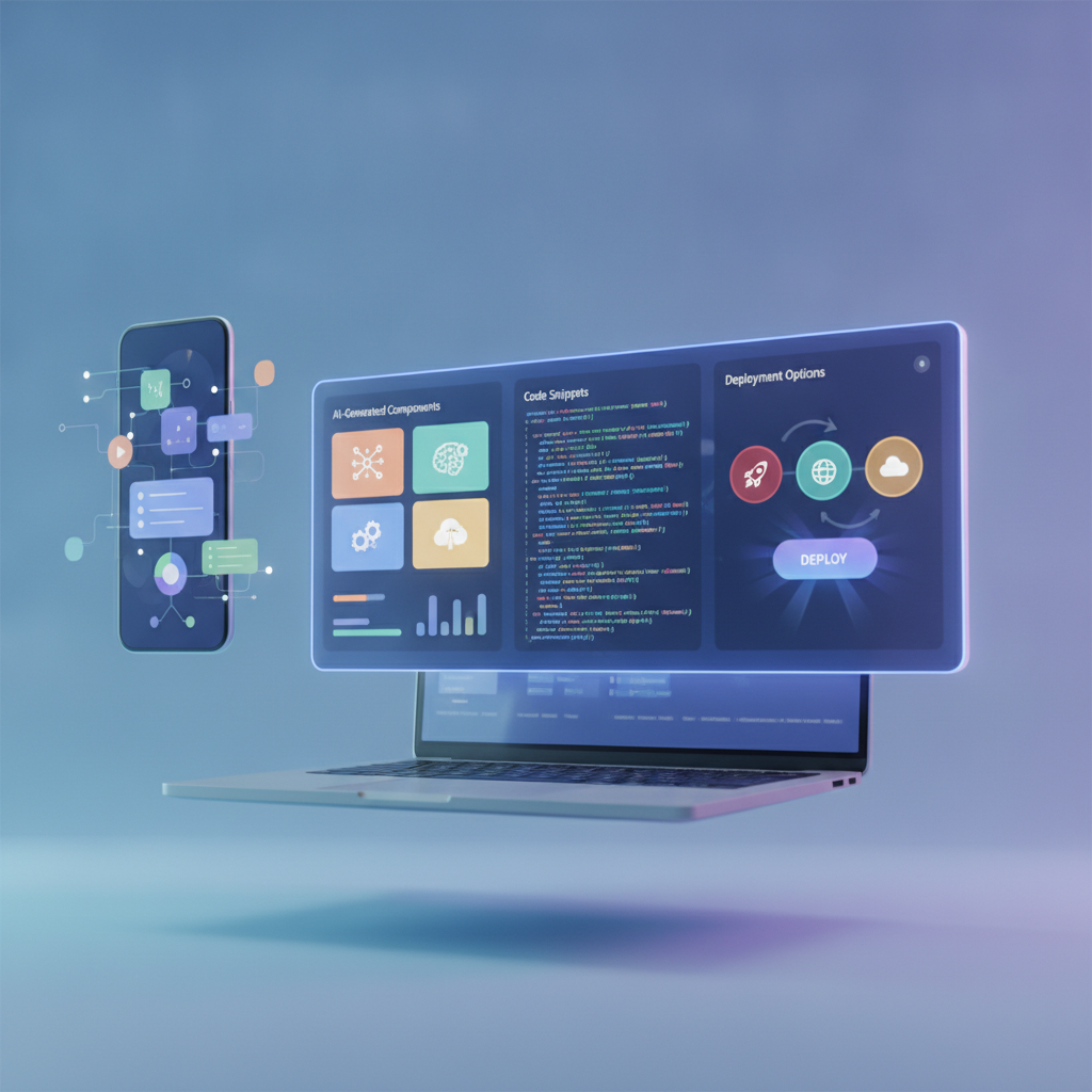 A dashboard view of an AI app builder showing different AI-generated components, code snippets, and deployment options.