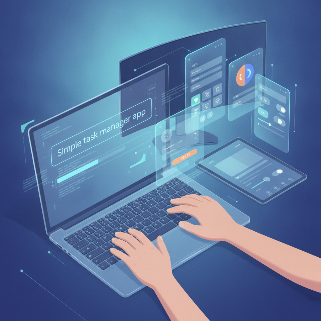 A dynamic illustration showcasing a user typing a simple app idea into a text box, with the AI interface rapidly generating a multi-screen app UI with diverse components like forms, buttons, and navigation bars.
