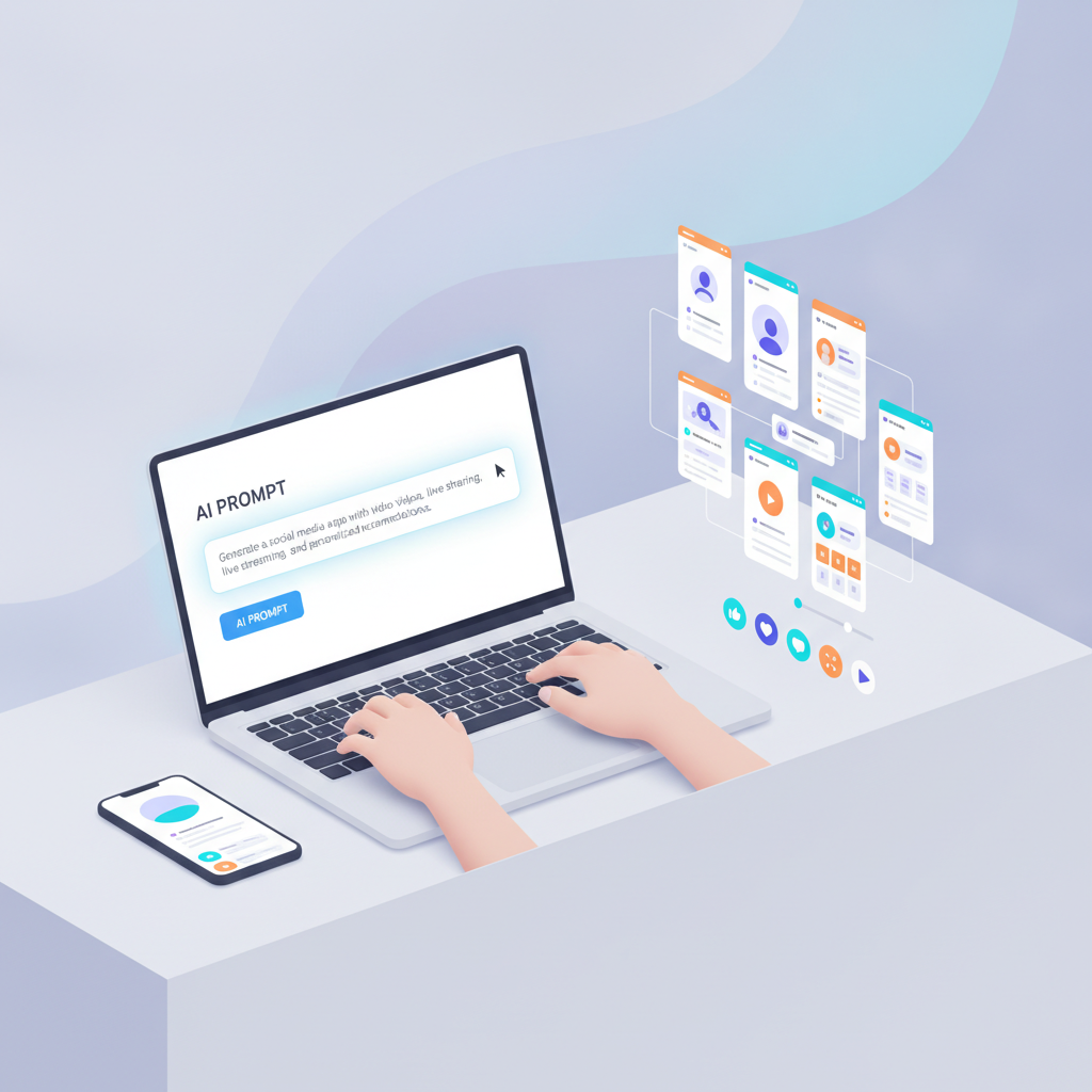 A clean, intuitive dashboard of the GetAppQuick platform, showing a user interacting with an AI prompt to define app features, alongside a visual representation of the generated app's wireframes and components.