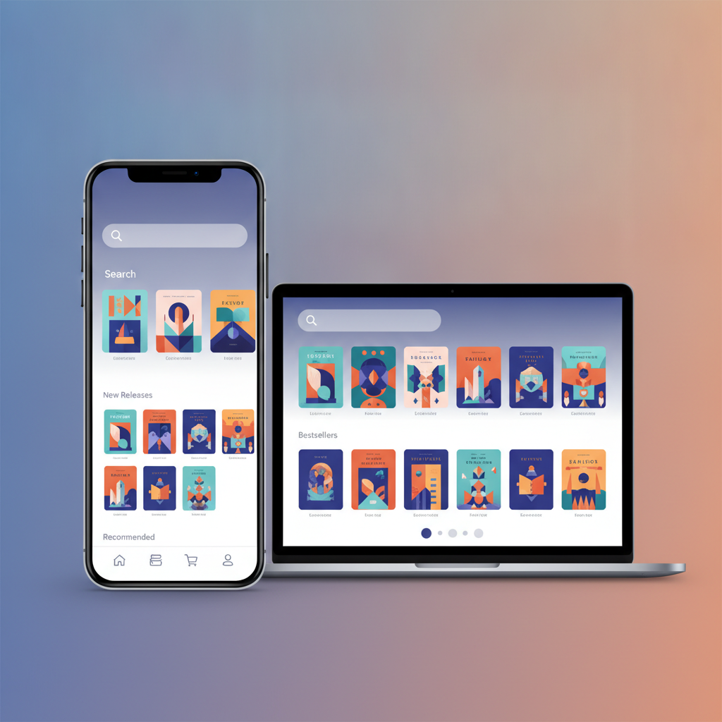 A clean and modern mobile app UI design showcasing a bookstore homepage with a prominent search bar, a scrolling carousel of book covers, and a simple bottom navigation bar.