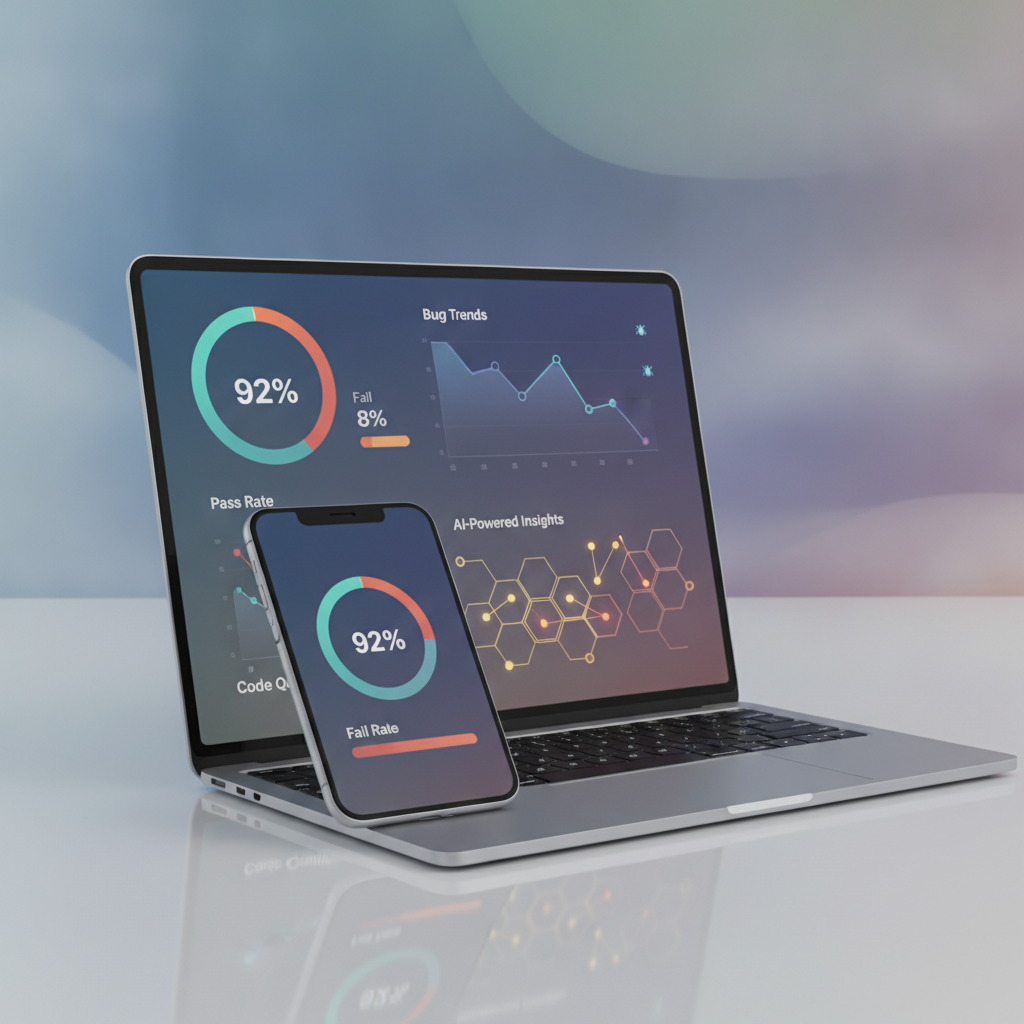 A dashboard interface showing automated test results, with graphs indicating pass/fail rates, bug trends, and AI-powered insights into code quality.
