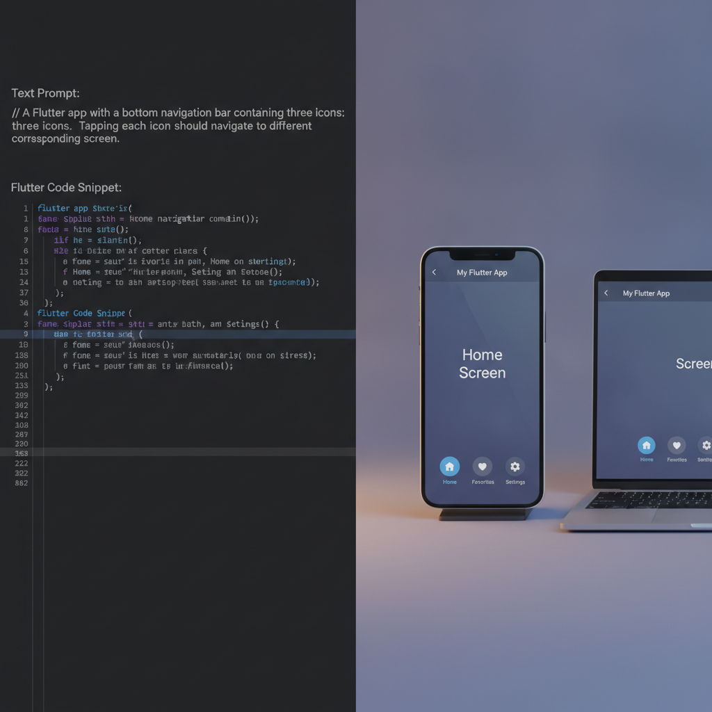 A side-by-side comparison of a simple text prompt describing an app feature and the resulting Flutter code snippet for that feature.