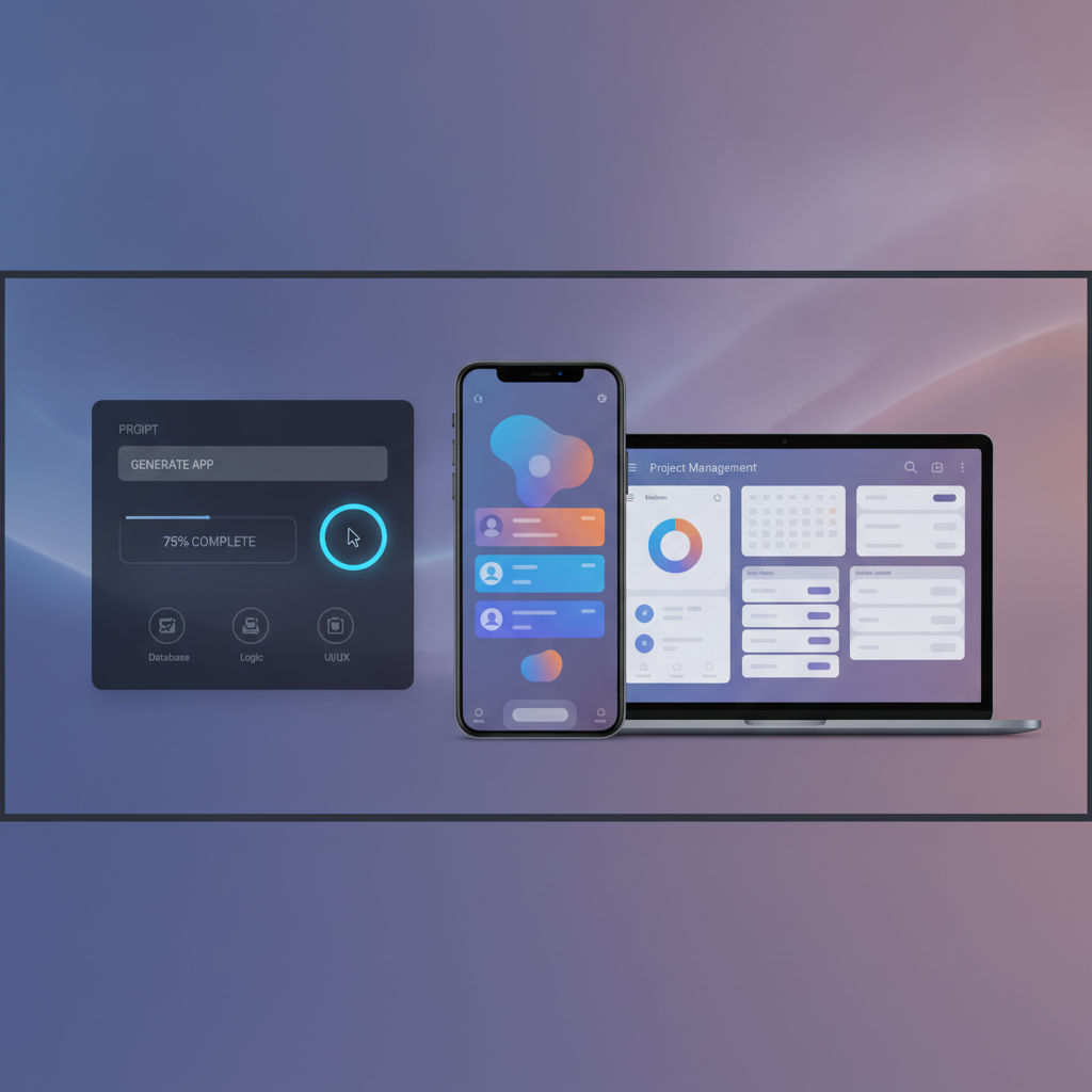 A screenshot of an AI app builder interface, showing a text input field for the app idea and a visual preview of the generated app's user interface.