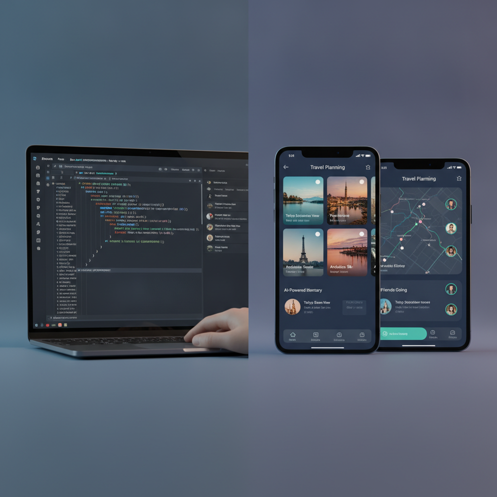 A split screen showing a developer's code editor on one side and a sleek, modern mobile app interface on the other, illustrating the direct connection between AI-assisted coding and the final product.