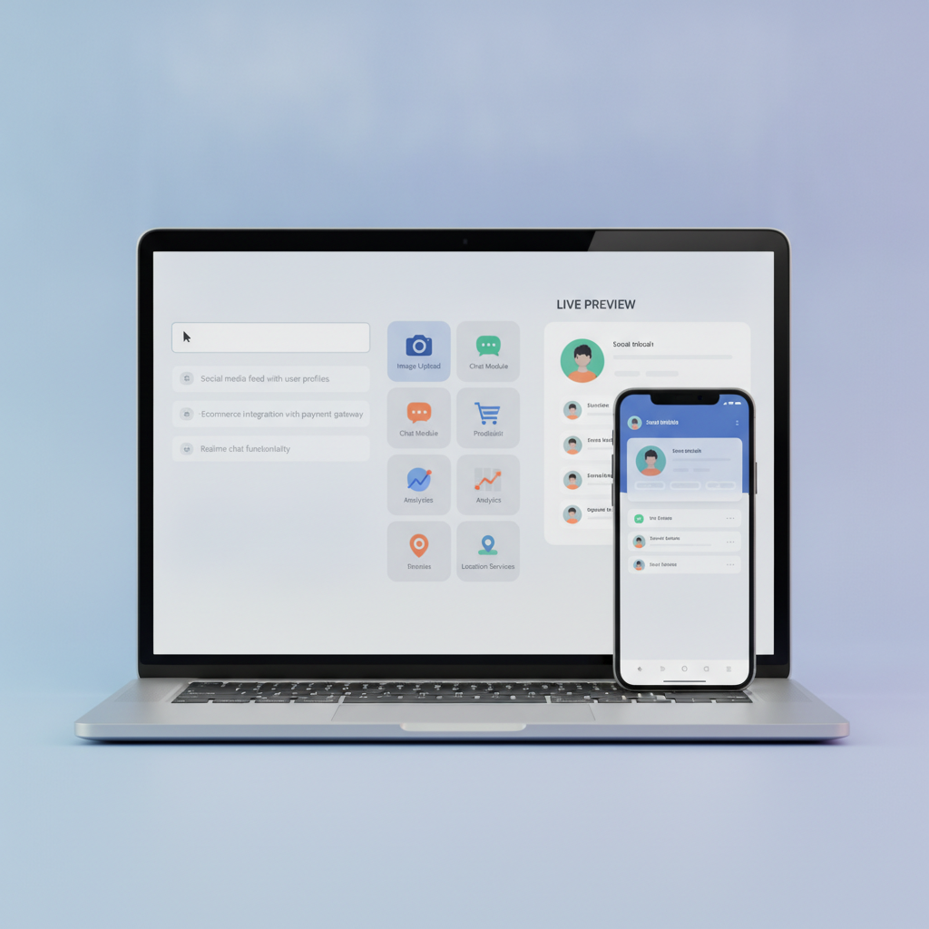 A clean, intuitive dashboard interface of an app builder, with sections for defining features via text prompts, selecting UI components, and a live preview of the app being constructed.
