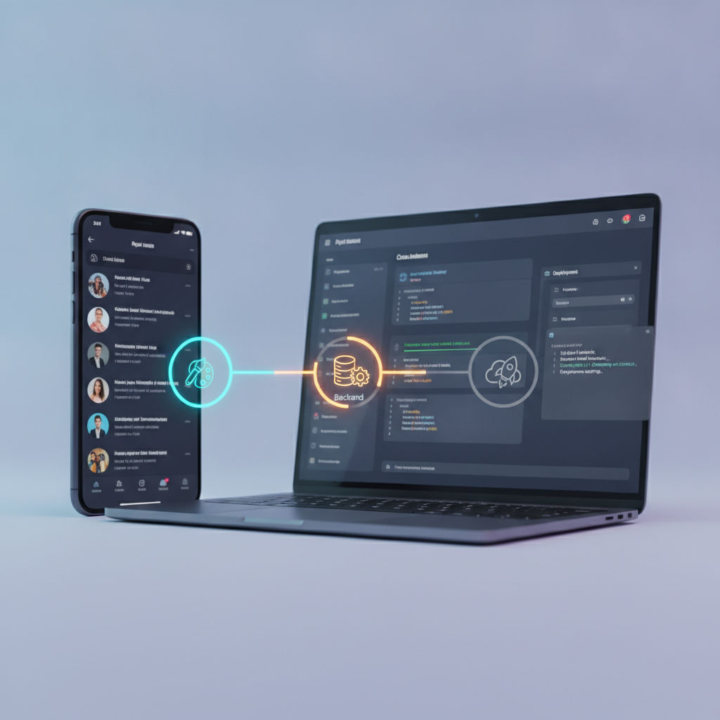 A multi-step progress bar in an app builder UI, with each build stage (UI, Backend, Deployment) lighting up as it completes, and real-time logs beside it.