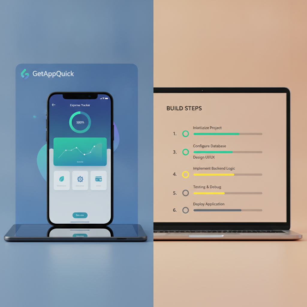A split screen: left side shows GetAppQuick interface with a live preview of an expense tracker app UI, right side lists build steps with real-time status indicators.