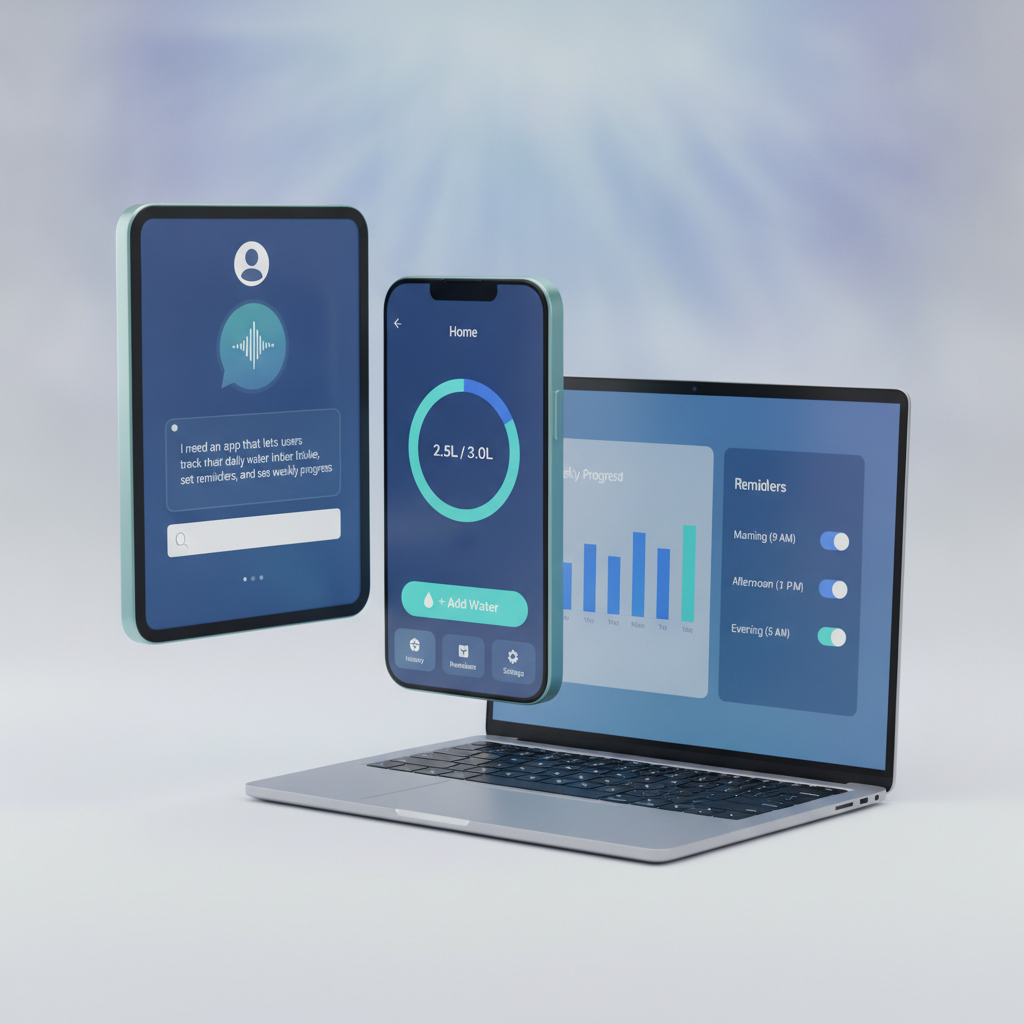 A GetAppQuick interface with a user describing an idea and the platform generating a multi-screen Flutter app preview.