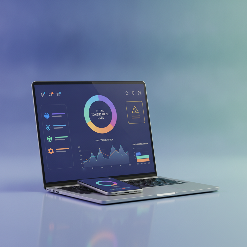 A dashboard view showing token consumption stats, with alerts and per-feature breakdowns for an enterprise AI dev team.