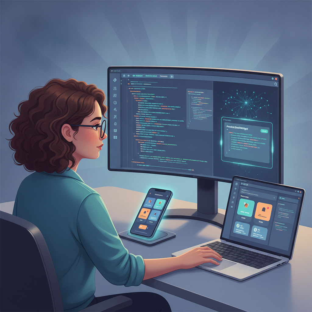 A Flutter developer using an AI IDE to generate a complex UI widget for a mobile app's product listing screen.