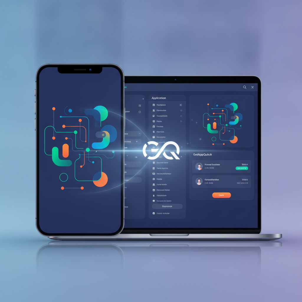 A mobile app design being transformed into a functional application interface using a no-code/low-code AI platform like GetAppQuick.