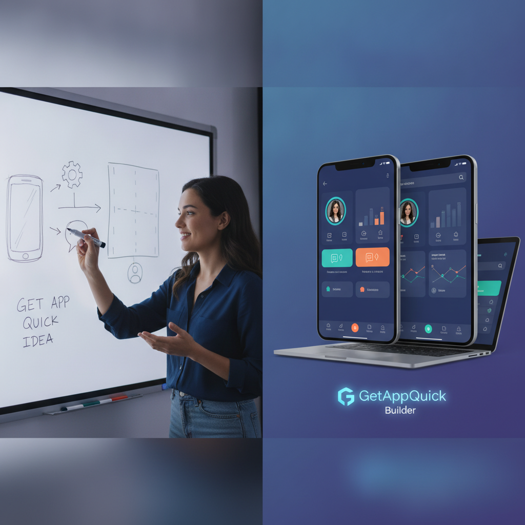 A founder sketches an app idea on a whiteboard, then sees it instantly transformed into a working mobile app UI in the GetAppQuick builder.