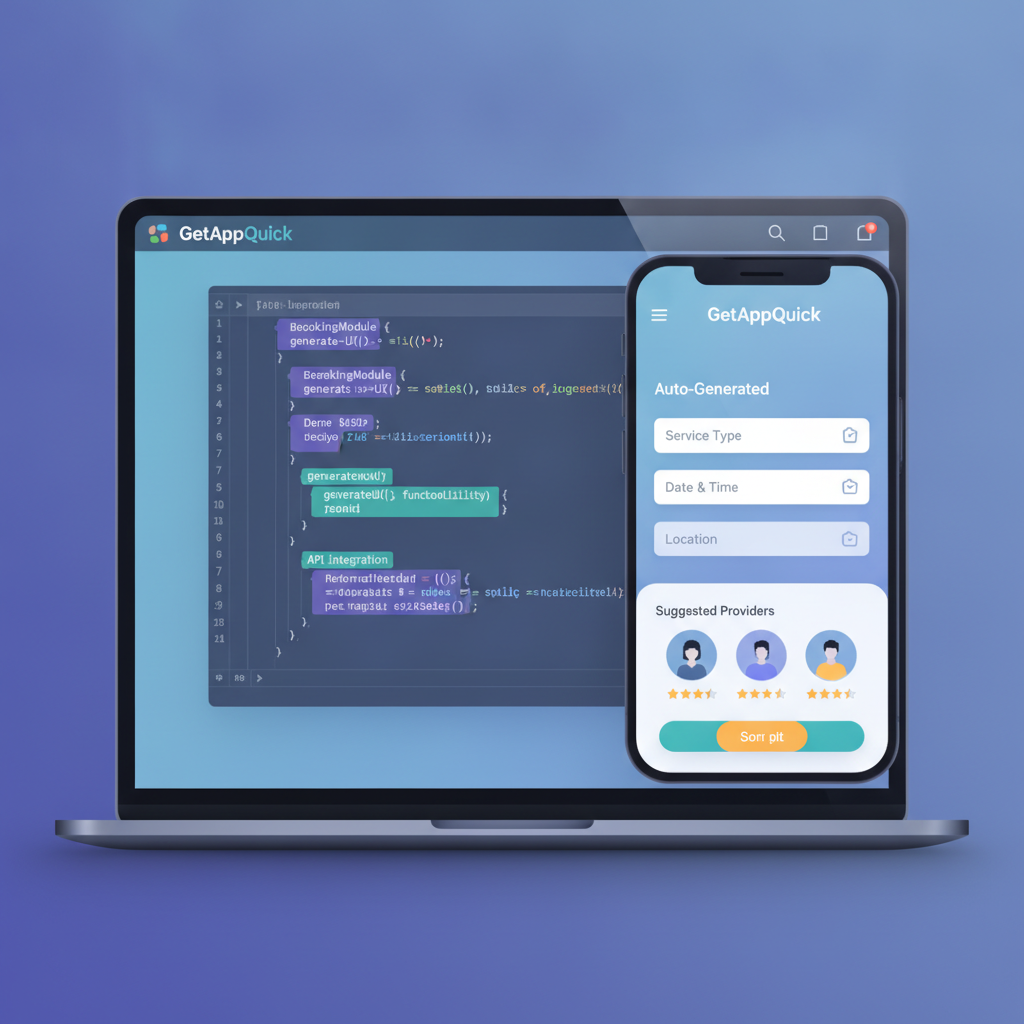 The GetAppQuick interface showing auto-generated booking features, with a preview of the mobile app side-by-side with the code editor.