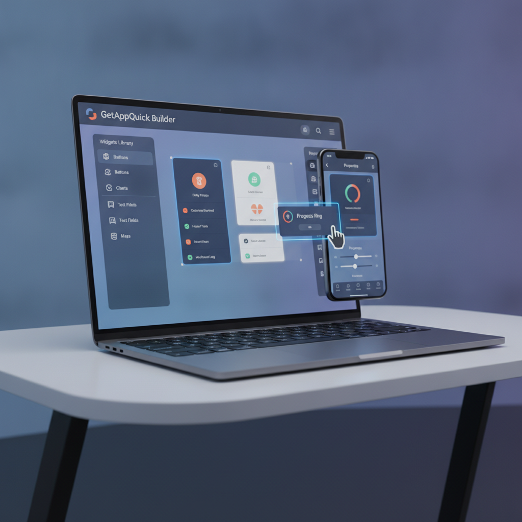 An interactive GetAppQuick builder screen, with a user dragging and dropping widgets to create a fitness tracker app UI in real time.