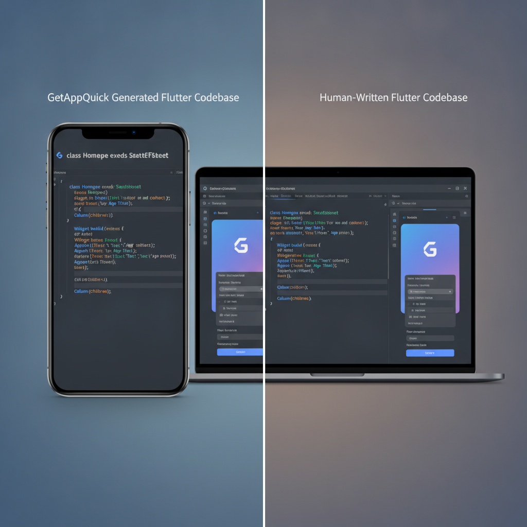 A side-by-side comparison showing a GetAppQuick-generated Flutter codebase next to a human-written one, highlighting their similar clean structure.