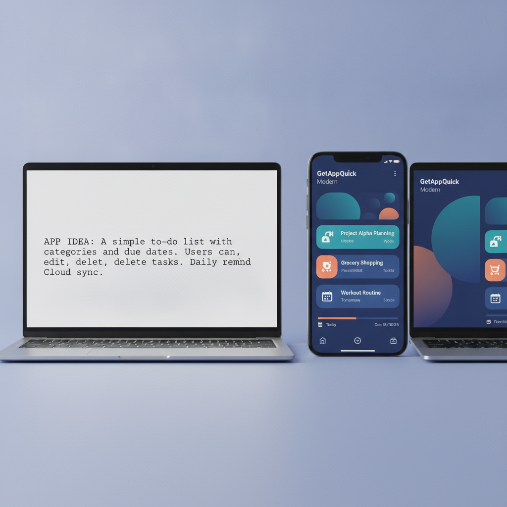 A side-by-side of a plain text app idea and a sleek, AI-generated app screen built with GetAppQuick