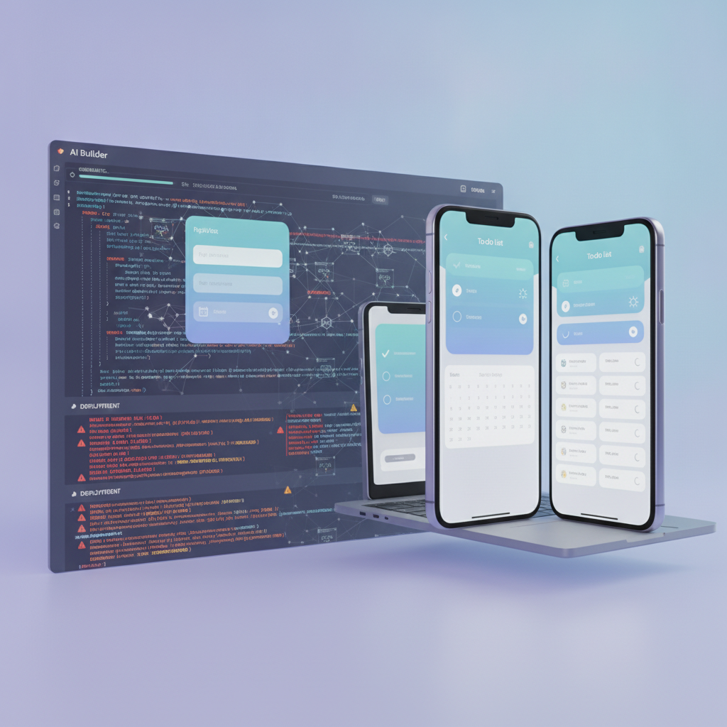 A split-screen showing an AI builder interface rapidly generating a to-do app, but the deployment panel is filled with errors and warnings.
