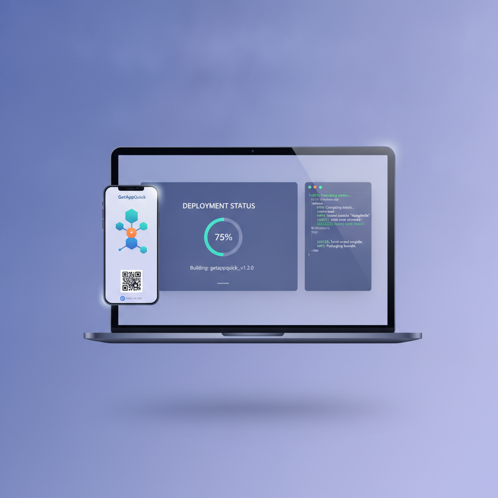A GetAppQuick dashboard showing an in-progress app deployment with real-time build logs and a QR code for device testing.