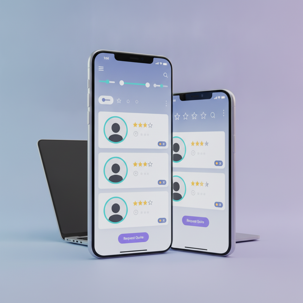 A dashboard-style vendor-finder app UI, with filters, ratings, and a 'Request Quote' button, as generated by an AI builder