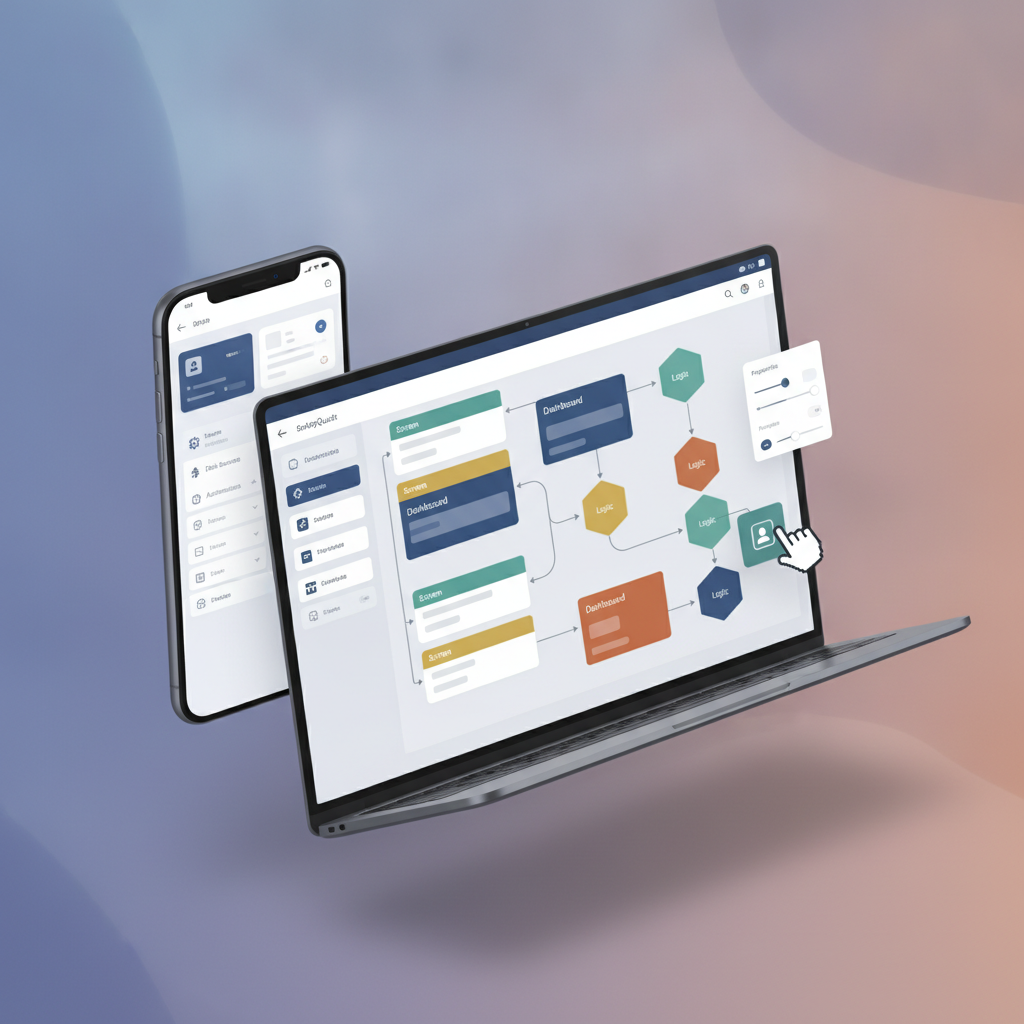 GetAppQuick’s drag-and-drop builder interface, showing a user assembling screens and logic for a custom internal app