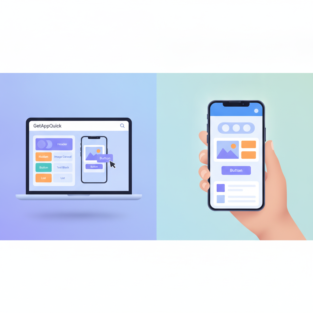 A split-screen showing GetAppQuick's interface on the left and a live mobile app preview on the right, highlighting drag-and-drop UI blocks and instant device preview.